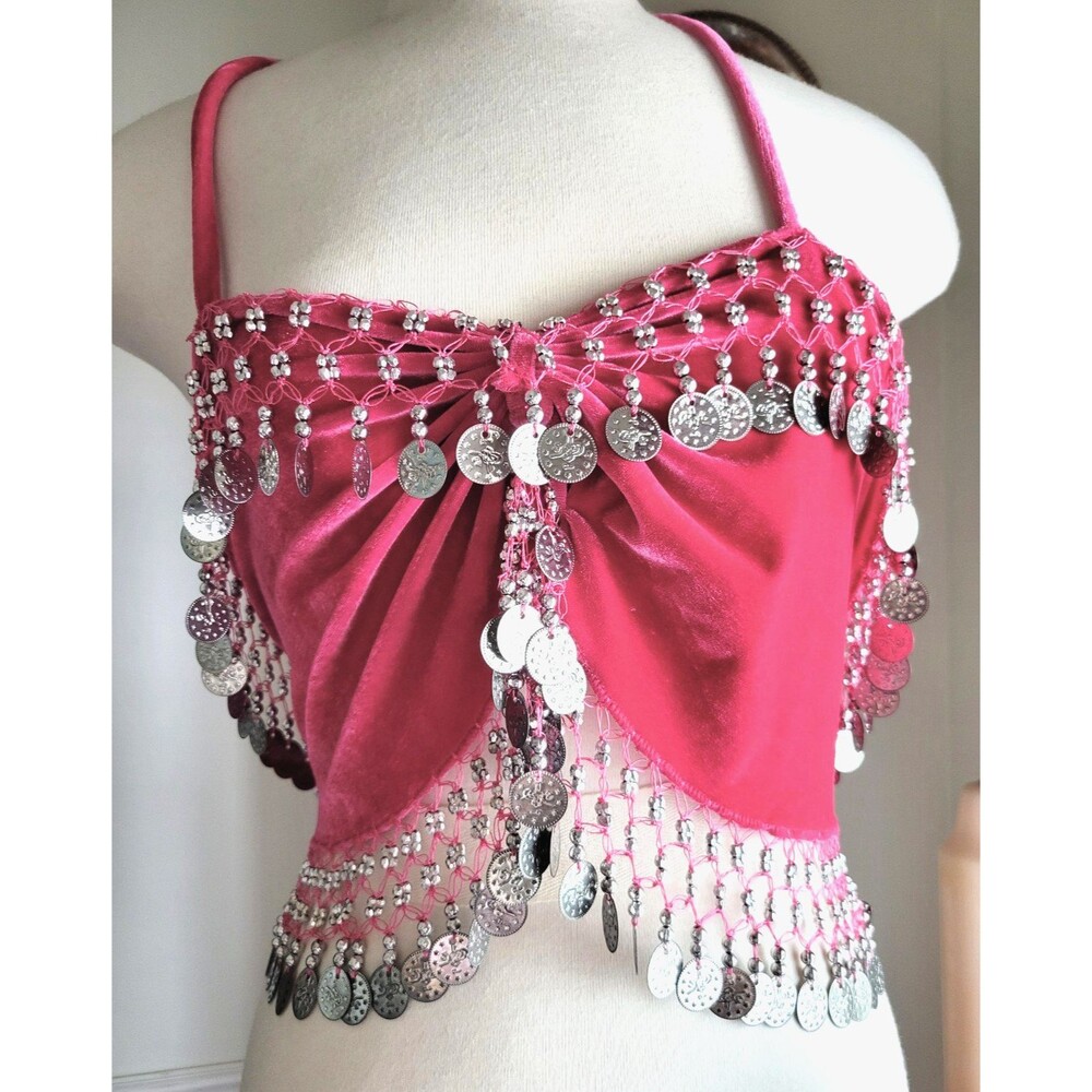 Fuchsia Pink Velvet Belly Dance Coin Halter Top Tie Back Adjustable Costume